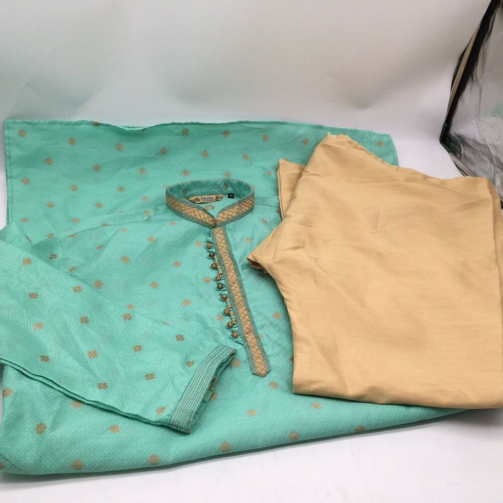 Men’s 48 3XL Aqua Blue Gold Kurta Pajama Set  Indian Wedding Tunic Pants READ